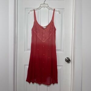 LPOGEE Sleeveless Coral to Red Ombre Slip Dress with Embroidered Yoke
